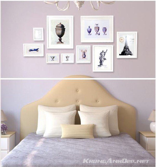 Bộ 9 khung ảnh treo tường KAD901 trong bối cảnh trang trí phòng ngủ